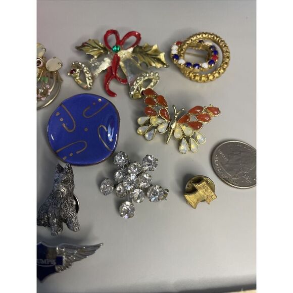 Estate Brooch Pins Mixed Lot of 12 Pieces Dog Butterfly Rhinestones Amber Glass - Picture 4 of 5